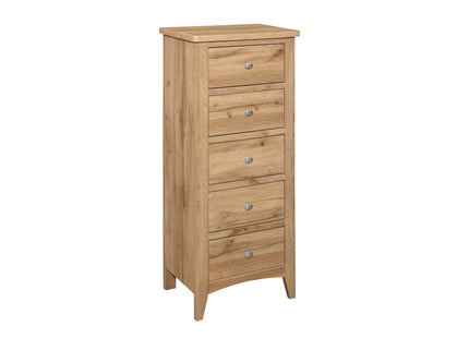 Hampstead 5‑Drawer Tall Chest in Oak – Stylish Bedroom Storage